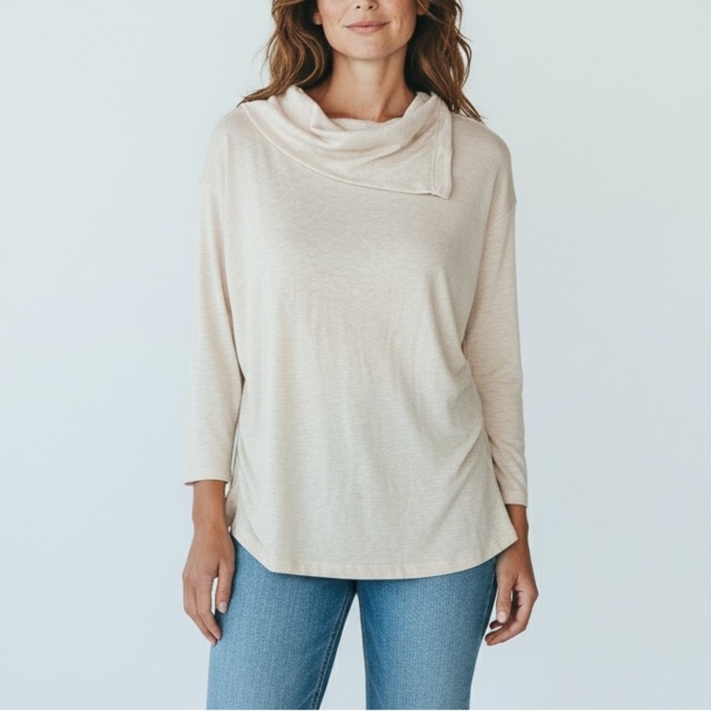Max Studio Split Neck Turtleneck Blush Beige 3/4 Sleeve Top Womens M NWT